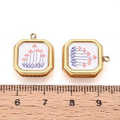 プリントスタイルの304ステンレススチールスクエア、花のペンダント付き  イオンプレーティング（ip）  スレートブルー  18x15.5x4mm  穴：1.5~1.6mm&nbsp;STAS-T071-24D-G