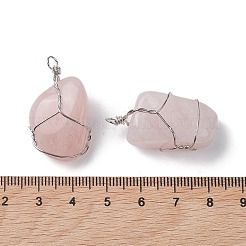 天然ローズクォーツ銅線巻きペンダント  ナゲットチャーム  プラチナ  29.5~37x14~22x9.5~17.5mm  穴：2.2mm&nbsp;G-C110-06A-P