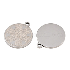 304ステンレスペンダント  フラットラウンド、花柄チャーム付き  ステンレス鋼色  25x21.5x2mm  穴：2mm&nbsp;SA-CBA404E-01A-06