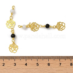 ガラスビーズのペンダント  本物の18Kゴールドメッキ真鍮ループ付き  バラの花のチャーム  ブラック  47x8x4mm  穴：1.6mm&nbsp;KK-P242-18G-01
