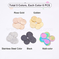 30個5色PVD真空メッキ304ステンレススチールテクスチャペンダント  フラットラウンド  ミックスカラー  20x1mm  穴：1mm  6個/スタイル&nbsp;STAS-UN0022-31
