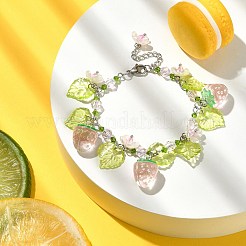 ガラス＆レジン＆アクリルフラワーチャームブレスレット  304ステンレススチールジュエリー  苺  7-1/4インチ（18.5cm）&nbsp;BJEW-JB09435-03