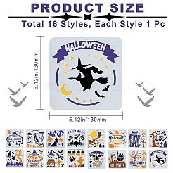 ハロウィーン 16 個 16 スタイル ペット プラスチック中空アウト描画絵画ステンシル テンプレート  ハロウィーンをテーマにした模様の正方形  ハロウィーン模様  130x130x0.1mm  1個/スタイル&nbsp;DIY-WH0349-58