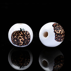 秋のテーマプリント天然木ビーズ  ヒョウ柄のカボチャと丸い  ココナッツブラウン  15.5x14.5mm  穴：4mm&nbsp;WOOD-S057-079