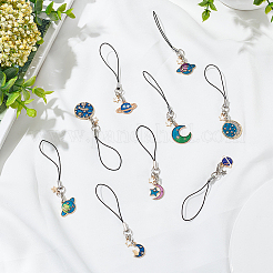 8pcs 8 style Cute Cartoon  Moon/Star/Planet Alloy Enamel Mobile Straps Lanyards&nbsp;HJEW-DR0001-01