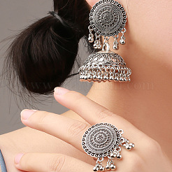 Flat Round & Bell Bohemian Ethnic Style Alloy Stud Dangle Earring & Ring Sets&nbsp;FS-WG67497-01