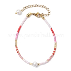 女性用ガラスシードビーズブレスレット  シェルパール＆真鍮ビーズ付き  ピンク  7-1/8インチ（18cm）&nbsp;BJEW-MZ00134-03