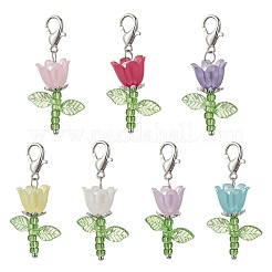 花のアクリルとプラスチックの模造真珠ビーズと日本のシードビーズのペンダント装飾  亜鉛合金カニカン付き  プラチナ  36mm  7個/セット&nbsp;HJEW-JM03232-01