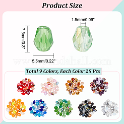 225色の不透明＆透明ガラスビーズ9個  多面カット  ティアドロップ  ミックスカラー  5.5x7.5mm  穴：1.5mm  25個/カラー&nbsp;GLAA-NB0001-64