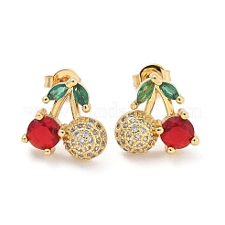 真鍮製キュービックジルコニアスタンドピアス  チェリー  18KGP本金メッキ  12.5x12.5mm&nbsp;LS-EJEW-Q017-03B-G