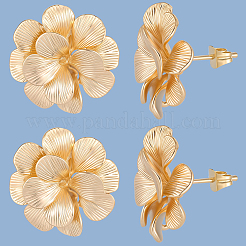真鍮スタッドピアス金具5組  カン付き  花  18KGP本金メッキ  22x22.5mm  穴：1.6mm  ピン：0.8x11.5mm&nbsp;KK-BBC0020-87