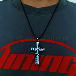 暗闇で光る合金クロス、ヘビペンダントネックレス、レザーコード付き  ブルー  24.41インチ（62cm）&nbsp;LUMI-PW0006-62