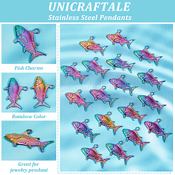 イオンプレーティング(IP) 304ステンレススチールペンダント20個  魚のチャーム  虹色  19x29x3mm  穴：3mm&nbsp;STAS-UN0049-90