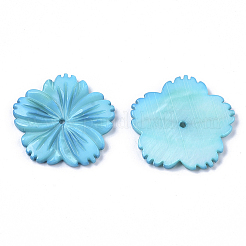 天然淡水シェルビーズ  刻まれた  染め  花  シアン  28x28x3mm  穴：1.6mm&nbsp;SHEL-N026-10E