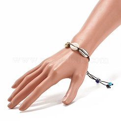 ランプワークのナザールボンジュウをあしらったアクリルと合金のシェル編組ビーズ ブレスレット  女性のための調節可能なブレスレット  ブラック  内径：1/2~3-1/2インチ（1.4~8.8cm）&nbsp;BJEW-JB08131-02
