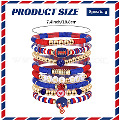 ラグビーポリマークレイヘイシ＆CCBプラスチックビーズストレッチブレスレットセット（8個、1袋）  女性用合金チャームジュエリー  ゴールドカラー  レッド  内径：2.36インチ（6cm）&nbsp;BJEW-PA0001-12A
