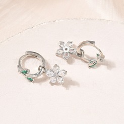 Flower Brass Micro Pave Cubic Zirconia Hoop Dangle Earrings for Women&nbsp;EJEW-A167-13P-02