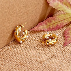 シェルパールCシェイプスタッドピアス、クリアキュービックジルコニア付き  430ステンレススチール製ハーフフープピアス（女性用）  ゴールドカラー  19x6mm&nbsp;JE948A