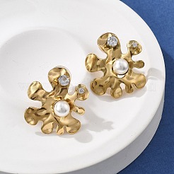 304ステンレススチールクリアキュービックジルコニアスタッドピアス  プラスチック模造パールと  リアル18kグロッドメッキ  花  24.5x22.5mm&nbsp;EJEW-R020-05G-01