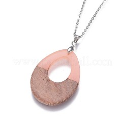 Teardrop Resin & Wood Pendant Necklaces&nbsp;NJEW-JN02325-M
