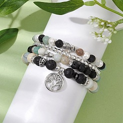 4Pcs 4 Styles 6/8mm Round Natural Lava Rock & Flower Amazonite & Shell Pearl Beaded Stackable Stretch Bracelet Sets&nbsp;BJEW-JB10333