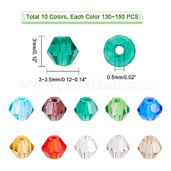 オーストリア産クリスタルバイコーンビーズ（模造品）1300~1500個、10色  カット加工ガラスビーズ連売り  ミックスカラー  3x3~3.5mm  穴：0.5mm  約130~150個/連  15.5インチ&nbsp;GLAA-PH0001-63