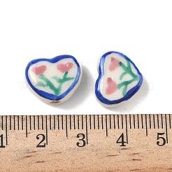 手作りの陶器ビーズ  手描きの陶器ビーズ  花とハート  ブルー  12~12.5x14~15x6.5~7mm  穴：1.8mm&nbsp;PORC-D011-01A