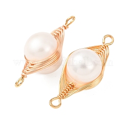 Copper Herringbone Wire-Wrapped Natural Pearl Round Links Connector Charms&nbsp;KK-Z152-02G-01