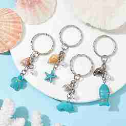合成ターコイズ & シェル ペンダント キーチェーン  鉄のスプリットキーリング付き  ヒトデ/ウミガメ/魚/イルカ  混合図形  6.8~7.8cm&nbsp;KEYC-JKC00653