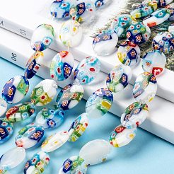 手作りミッレフィオーリガラスビーズ連売り  白磁  フラットオーバル  ホワイト  13 mm幅  長さ18mm  穴：1.2mm  22個/連  15.5インチ&nbsp;LK137