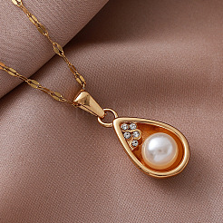 Vintage 304 Stainless Steel & Imitation Pearl Teardrop Pendant Necklaces for Women&nbsp;BR9499