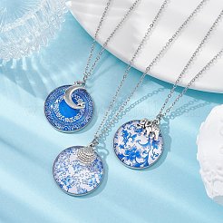 スチール ブルー ガラス フラット ラウンド & アロイ ペンダント ネックレス  304ステンレススチールチェーン付き  混合図形  18.35インチ（46.6cm）&nbsp;NJEW-JN04453