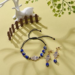 ランプワークのナザールボンジュウ編みビーズ ブレスレットとダングル スタッド イヤリング  女性のためのラインストーンハムサハンドジュエリー  ブルー  43mm  内径：28~83mm&nbsp;SJEW-JS01258