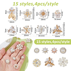 60個 15スタイル 合金ラインストーンカボション  花  ミックスカラー  13~29x14~23x3~9.5mm  4個/スタイル&nbsp;FIND-FH0011-73