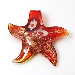 手作りランプワークペンダント  金の砂とミッレフィオーリで  ヒトデ/海星  ミックスカラー  53x51x11mm  穴：6.5x5mm&nbsp;X-LAMP-G089-M