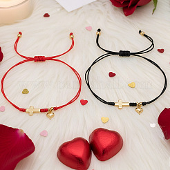 2Pcs Brass Puffed Heart & Cross Double Layered Couple Bracelets&nbsp;EU8797-3