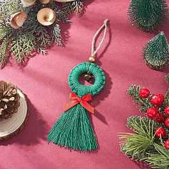 編み込みコットン糸タッセルペンダント装飾3個  ウッドリング付き  クリスマスツリーの吊り下げオーナメント用  ミックスカラー  220mm&nbsp;HJEW-JM03789