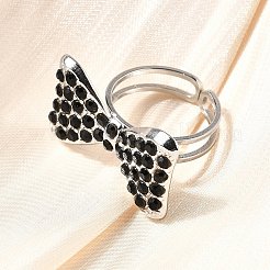 女性用304ステンレススチールオープンカフリング  ラインストーン付き  蝶結び  ステンレス鋼色  5mm  内径: 調節可能  蝶結び：16x27.5mm&nbsp;RJEW-F178-01P-01