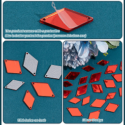 300個 3スタイル 菱形アクリルミラー 縫い付けラインストーン  レッド  17.5~23.5x9.5~14.5x1mm  穴：1mm  100個/スタイル&nbsp;FIND-PH0020-08B