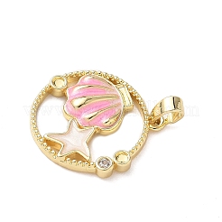 Flat Round with Shell Shape Brass Micro Pave  Clear Cubic Zirconia Pendant Cabochon Settings&nbsp;KK-P334-17G-02