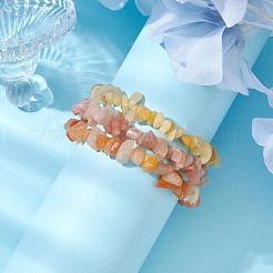 3Pcs Natural Red Aventurine & Natural Sunstone & Natural Topaz Jade Chip Beaded Stretch Bracelet Sets&nbsp;BJEW-JB10867