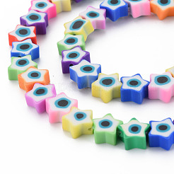 手作り樹脂粘土ビーズ連売り  ナザールボンジュウ付きスター  ミックスカラー  8.5~9x8.5~9x4~4.5mm  穴：1.6mm  約40個/連  12.01インチ〜12.80インチ（30.5~32.5cm）&nbsp;CLAY-T019-09-01