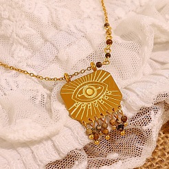 Boho 304 Stainless Steel Evil Eye Pendant Necklaces with Natural Map Stone Tassel for Women&nbsp;WGE9A35-01