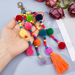 Polyester & Wooden Beads Pompom Ball Tassel Pendants Decorations&nbsp;HJEW-WH0071-52