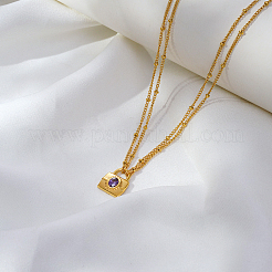 Stainless Steel & Purple Glass Handbag Pendant Double Layer Necklaces for Women&nbsp;MI4484