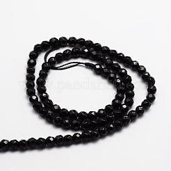ファセットカットの天然オニキスラウンドビーズ連売り  染め＆加熱  ブラック  4mm  穴：1mm  約92個/連  15.3インチ&nbsp;X-G-E318C-4mm-06