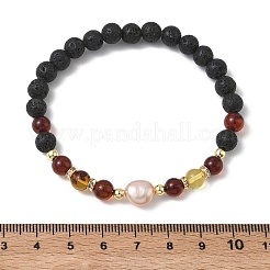 Natural Lava Rock & Amber & Cultured Freshwater Pearl Beaded Stretch Bracelets for Women&nbsp;BJEW-JB13722