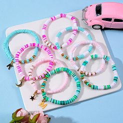 ポリマークレイヘイシビーズストレッチブレスレットセット  積み重ね可能なブレスレット  合成ヘマタイトビーズと  真鍮の丸いビーズと304ステンレススチールのペンダント  ミックスカラー  内径：2-1/4インチ（5.55cm）  8個/袋&nbsp;BJEW-SZ0001-51