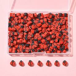 200個の手作りポリマークレイビーズ  テントウムシ  レッドオレンジ  8.5x8x4mm  穴：1.6mm&nbsp;CLAY-FS0001-41