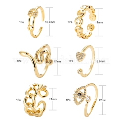 6Pcs 6 Styles Adjustable Brass Micro Pave Clear Cubic Zirconia Cuff Rings&nbsp;RJEW-LS0001-29G